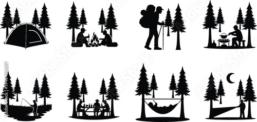 Camping silhouettes with tent, campfire, hiking, cooking, fishing, picnic, hammock, and stargazing scenes, representing outdoor recreation, adventure, and nature lifestyle concepts