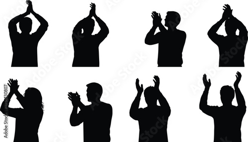 "Collection of eight clapping silhouettes showing people applauding in different poses, representing appreciation, celebration, approval, teamwork, recognition, and positive interaction"