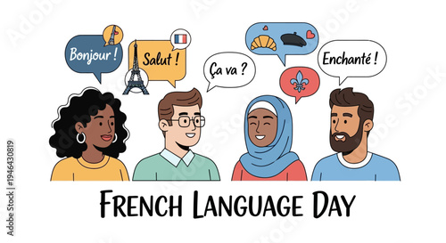 Illustration of diverse people celebrating French Language Day with speech bubbles on a white background, promoting international language awareness and cultural diversity.