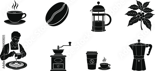 Coffee culture silhouette collection featuring coffee cup, beans, French press, moka pot, coffee plant and barista making latte isolated black vector icons set