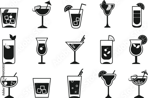 Minimalist cocktail drink icons collection with various glasses citrus garnishes and ice cubes line vector illustration set for bar menu beverage and party design