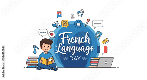 Illustration of a young boy celebrating French Language Day with books and symbols, surrounded by design elements on a white background.
