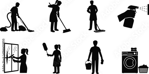 Cleaning service silhouettes collection featuring vacuuming mopping window cleaning dusting and laundry equipment isolated on white background housekeeping vector illustration set