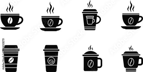 Coffee cup silhouettes collection featuring hot drink mugs takeaway cups and cafe beverage icons isolated on white background coffee shop vector set