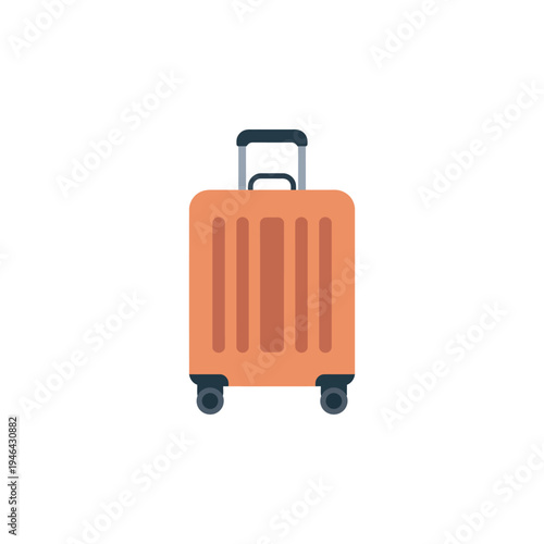 Orange wheeled suitcase for travel stands ready on white background