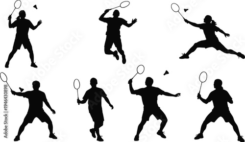 Collection of badminton player silhouettes performing different shots and jumps with racket and shuttlecock isolated on white background representing sport action and athletic movement