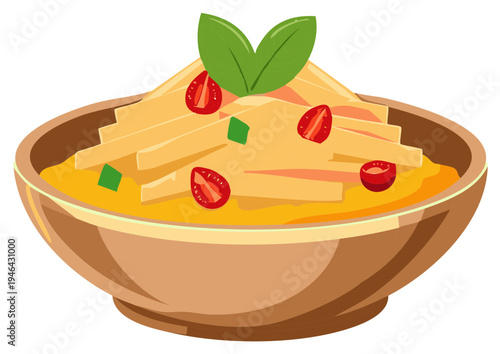 Delicious pasta dish in a bowl with fresh tomatoes and basil leaves
