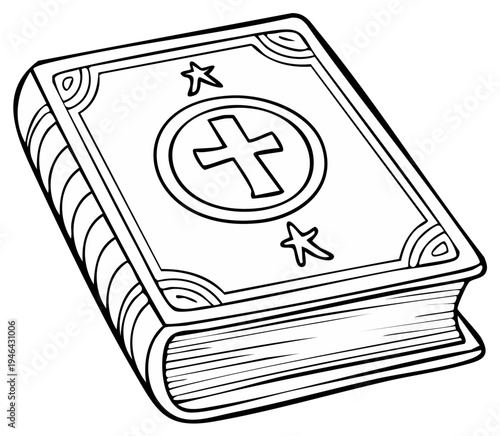 Ornate Holy Book with Cross Symbol and Stars Decorative Emblem