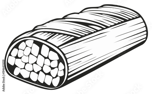 Illustration of a sweet pastry with visible filling and textured crust in black and white, food drawing, close up of delicious pastry.