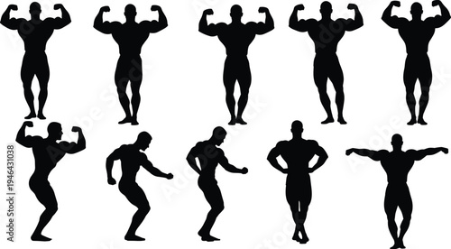 Collection of bodybuilder silhouettes posing muscular physique in different bodybuilding poses isolated on white background representing fitness training, strength, muscle and athletic performance