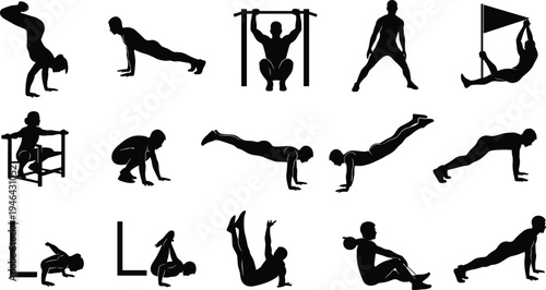 Collection of calisthenics athlete silhouettes performing bodyweight exercises like push ups, pull ups and handstands isolated on white background representing fitness training