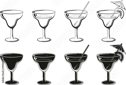Martini cocktail glass icons set in outline and silhouette styles with straw citrus slice and umbrella garnish vector illustration for bar menu drink design