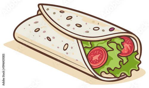 Cartoon burrito illustration with lettuce and tomato ingredients, food concept
