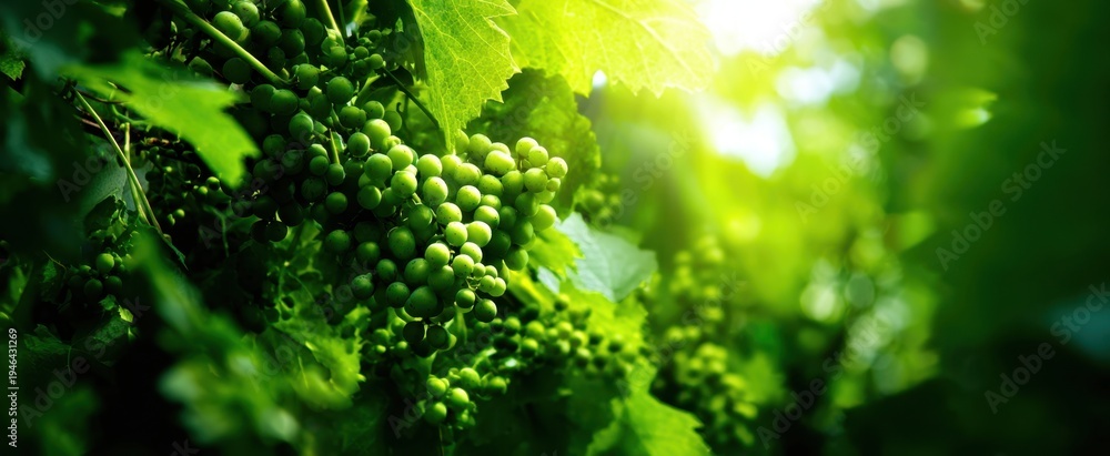 Obraz premium The Grape Cluster in a Sunlit Vineyard with Fresh Green Leaves and Bokeh Background