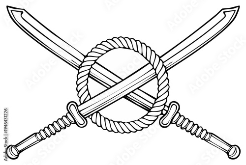 Two crossed sabers entwined with a thick rope forming a circle emblem