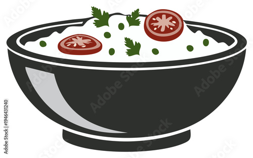 Bowl of healthy white food with tomato and parsley garnish