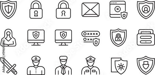 Collection of flat design security and technology icons isolated on transparent background