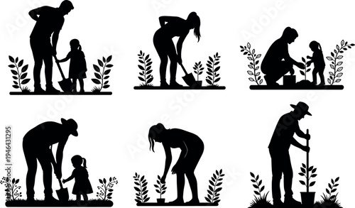 Family gardening silhouettes set showing parents and children planting seedlings, digging soil and nurturing plants together, outdoor eco lifestyle illustration isolated on light background