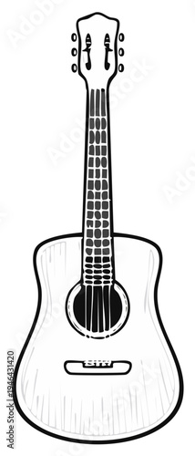 Acoustic guitar sketch with strings, sound hole, and headstock. Classic musical instrument, vector illustration