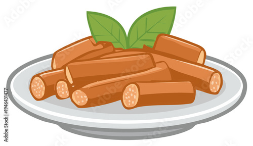 Cartoon illustration of sausages with fresh herbs on a plate for dinner or lunch.