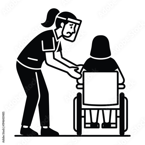 A healthcare worker assisting a patient in a wheelchair with care and compassion