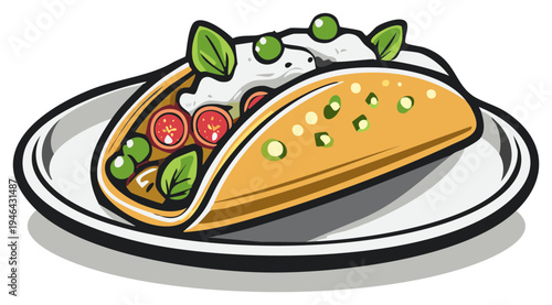 Delicious taco on plate, fresh ingredients, flavorful lunch, cartoon illustration for menu or recipe