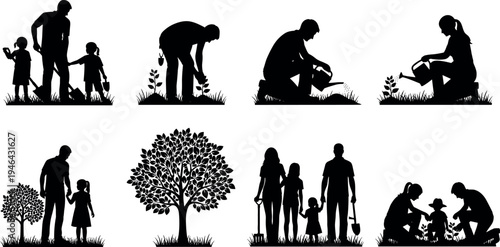 Family gardening silhouettes set showing parents and children planting trees, watering seedlings and caring nature together, outdoor eco lifestyle illustration isolated on light background