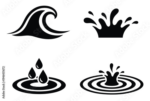 A set of four black and white water icons on a plain background