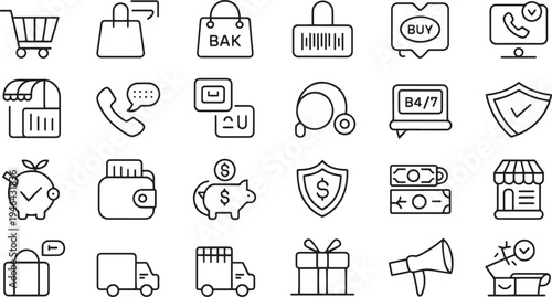 Collection of flat design shopping and business icons isolated on transparent background