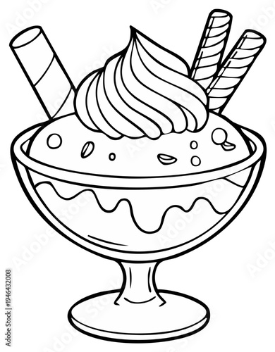 Dessert Ice Cream Sundae Delicious Sweet Treat Line Art Illustration