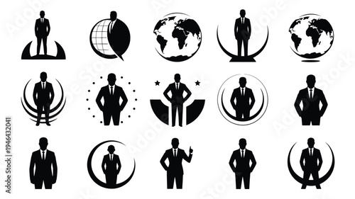 Business leader silhouettes with global symbols professional icons for leadership and success concepts
