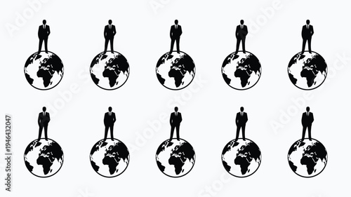 Silhouettes of business leaders standing on globes symbolizing global leadership and international business strategy with a modern and professional aesthetic
