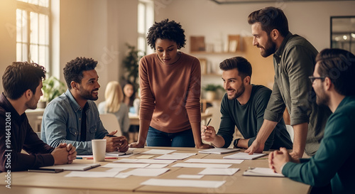 Diverse group of business professionals collaborating around a table with documents creating strategies in modern office setting