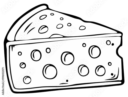 Swiss cheese block illustration with holes. Traditional dairy product line art. Graphic image of food. Triangular chunk of cheese.
