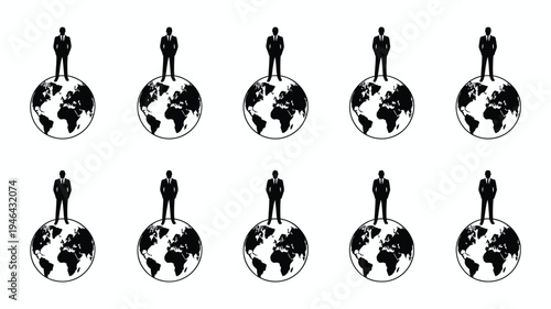 Business leaders standing on globes symbolizing global success and leadership with a clean and modern design