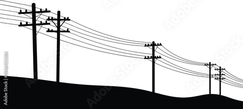 Silhouette of utility poles and power lines on a hill against a white background