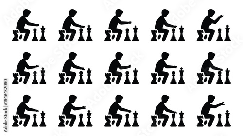 Set of 12 black silhouette illustrations of businessmen playing chess with various moves on white background