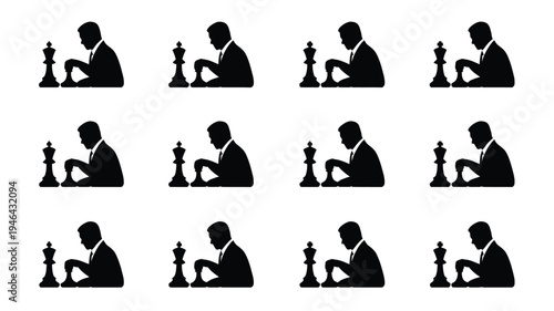 Set of businessmen in suit silhouettes playing chess strategy concept on white background