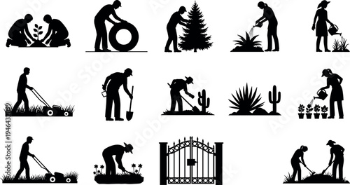 Gardening people silhouettes collection showing lawn mowing, planting, watering, digging and landscaping activities, black isolated icons set for garden service, agriculture and outdoor maintenance 