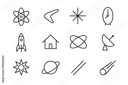 Atomic Era Iconography. Mid-century atomic era icons. Line outline icon set of Mid-century atomic era icons: