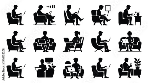 Collection of people working from home in various comfortable positions with laptops and devices