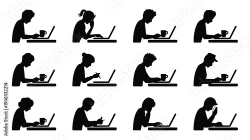 Remote workers in various poses with laptops and coffee cups in silhouette on white background