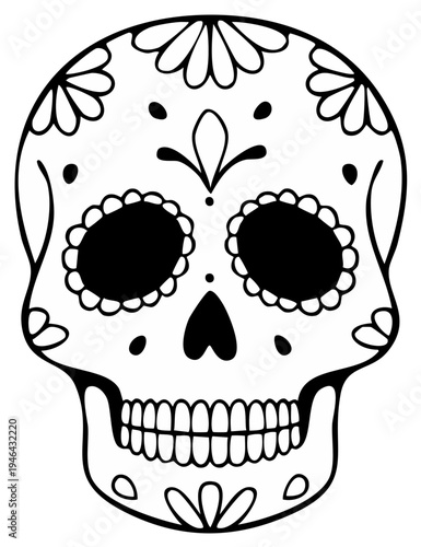 Intricate Black and White Sugar Skull Illustration with Floral and Dot Embellishments