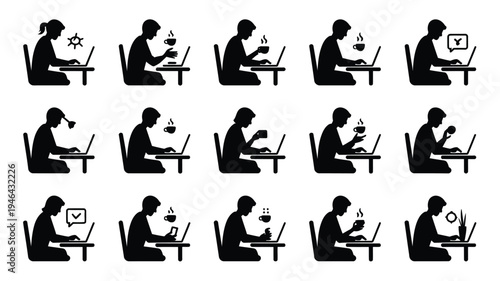 Remote work silhouettes people working on laptops business icons office work from home illustrations