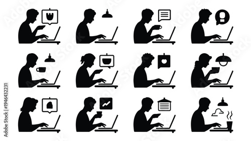 Remote work silhouettes with various digital tasks and communication icons on white background