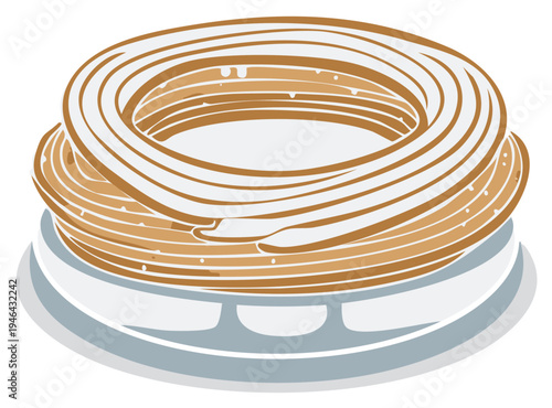 Delicious churros arranged on a white plate perfect for dessert or snack with sweet sugar powder dusting and enticing golden fried dough coils