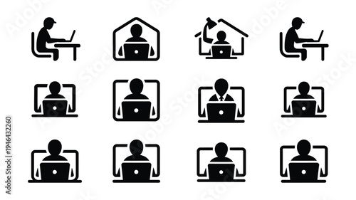 Silhouettes of people working from home on laptops and computers in various settings and poses