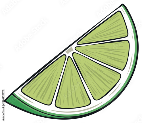 Bright Green Lime Slice With Radial Segments And Dark Outline Isolated