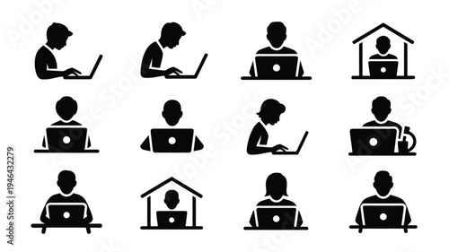 Silhouettes of people working from home on laptops remote work icons telecommuting symbols