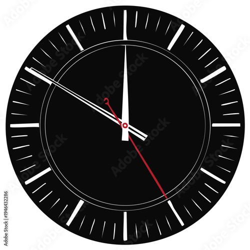 Modern black analog clock face with white hour markers and red second hand showing nearly one o'clock